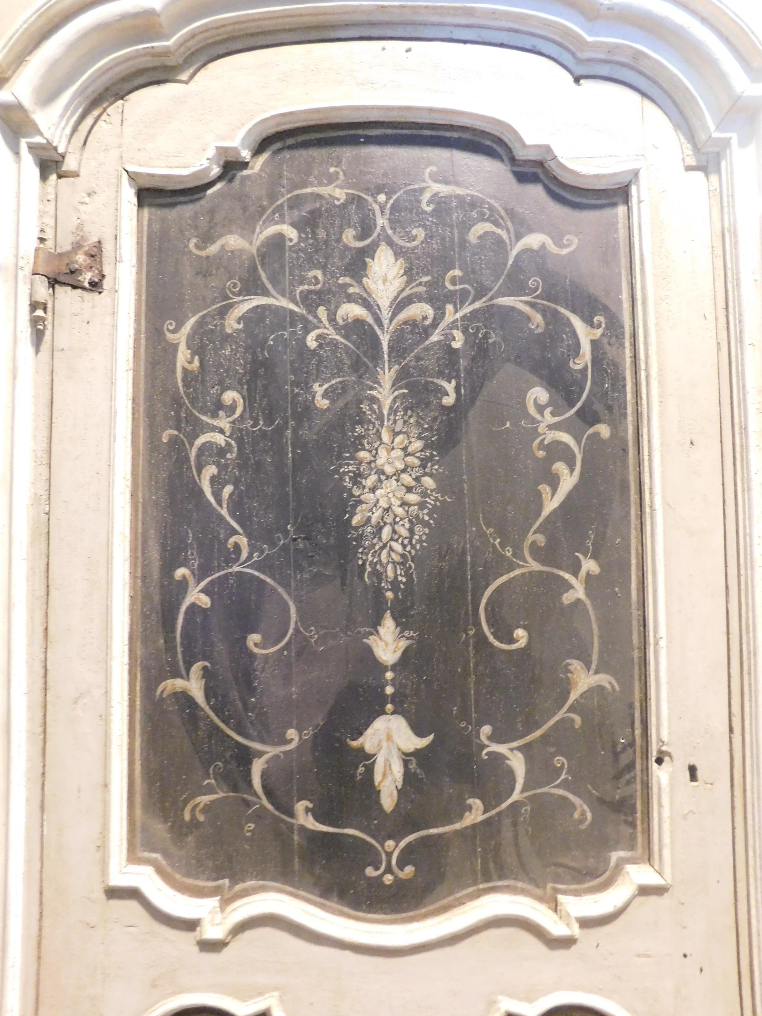 Italian Antique Lacquered and Painted Door, with Original Wavy Frame, Italy, 1700 For Sale