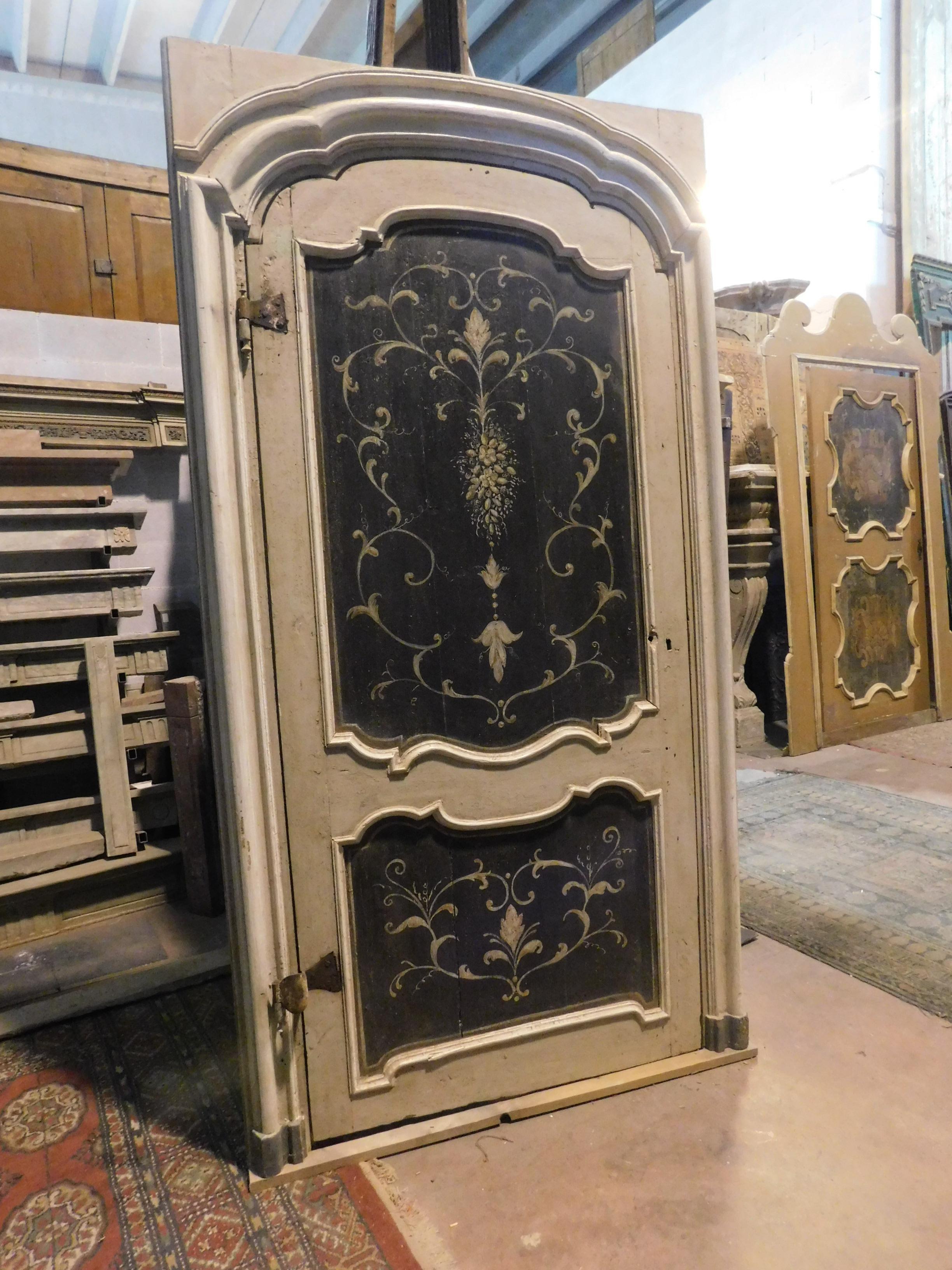 Hand-Painted Antique Lacquered and Painted Door, with Original Wavy Frame, Italy, 1700 For Sale