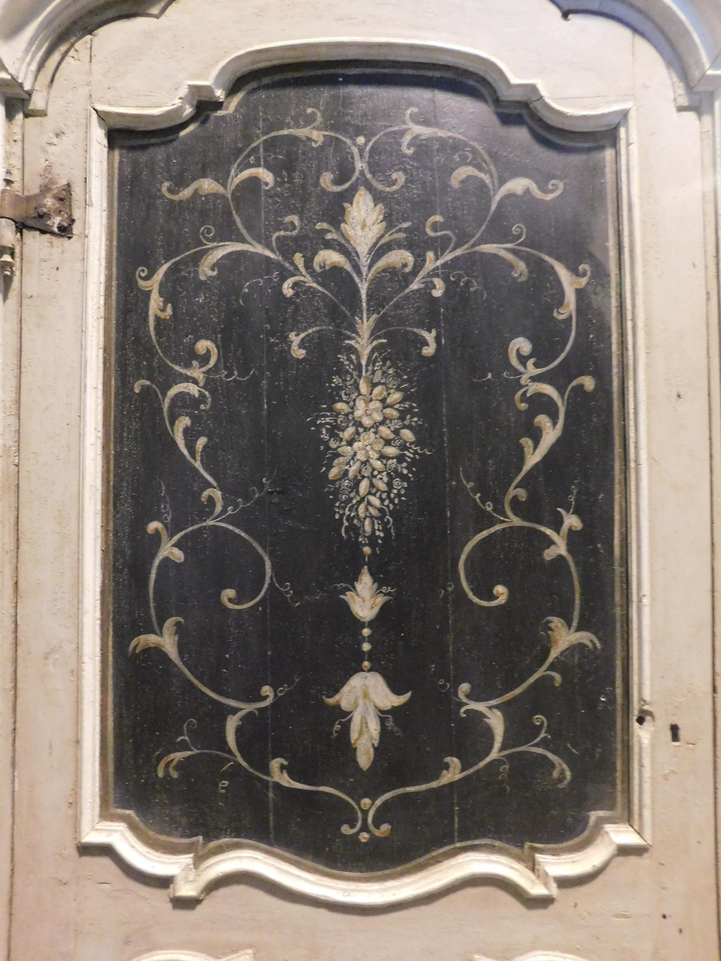 Wood Antique Lacquered and Painted Door, with Original Wavy Frame, Italy, 1700 For Sale