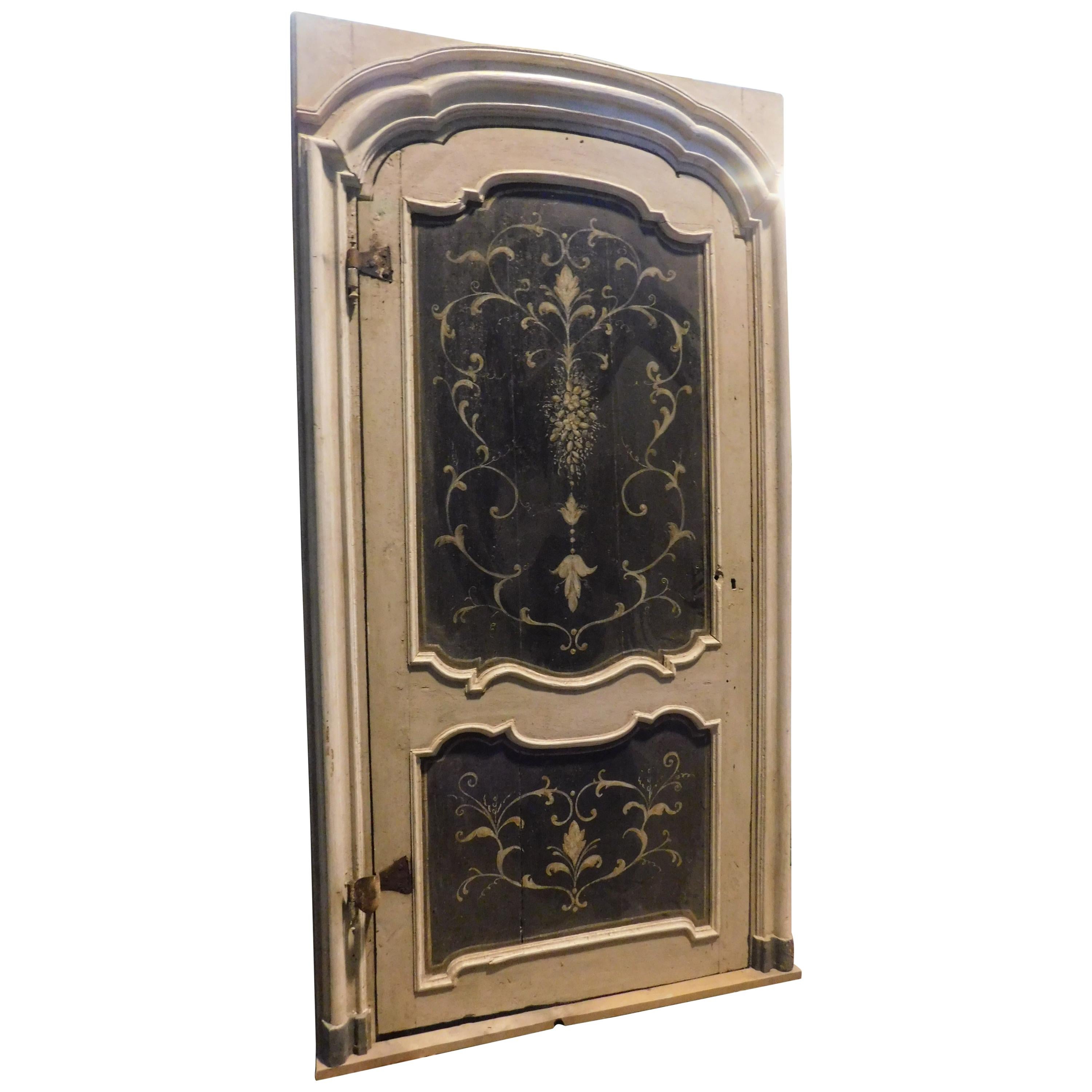 Antique Lacquered and Painted Door, with Original Wavy Frame, Italy, 1700 For Sale