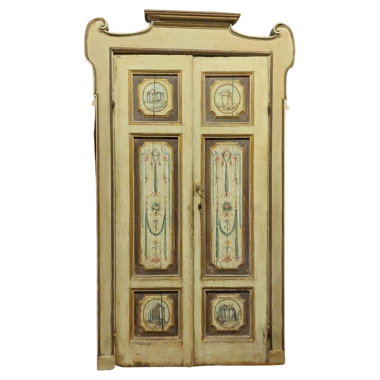 Antique Lacquered and Painted Interior Door with Frame, 18th Century, Italy For Sale