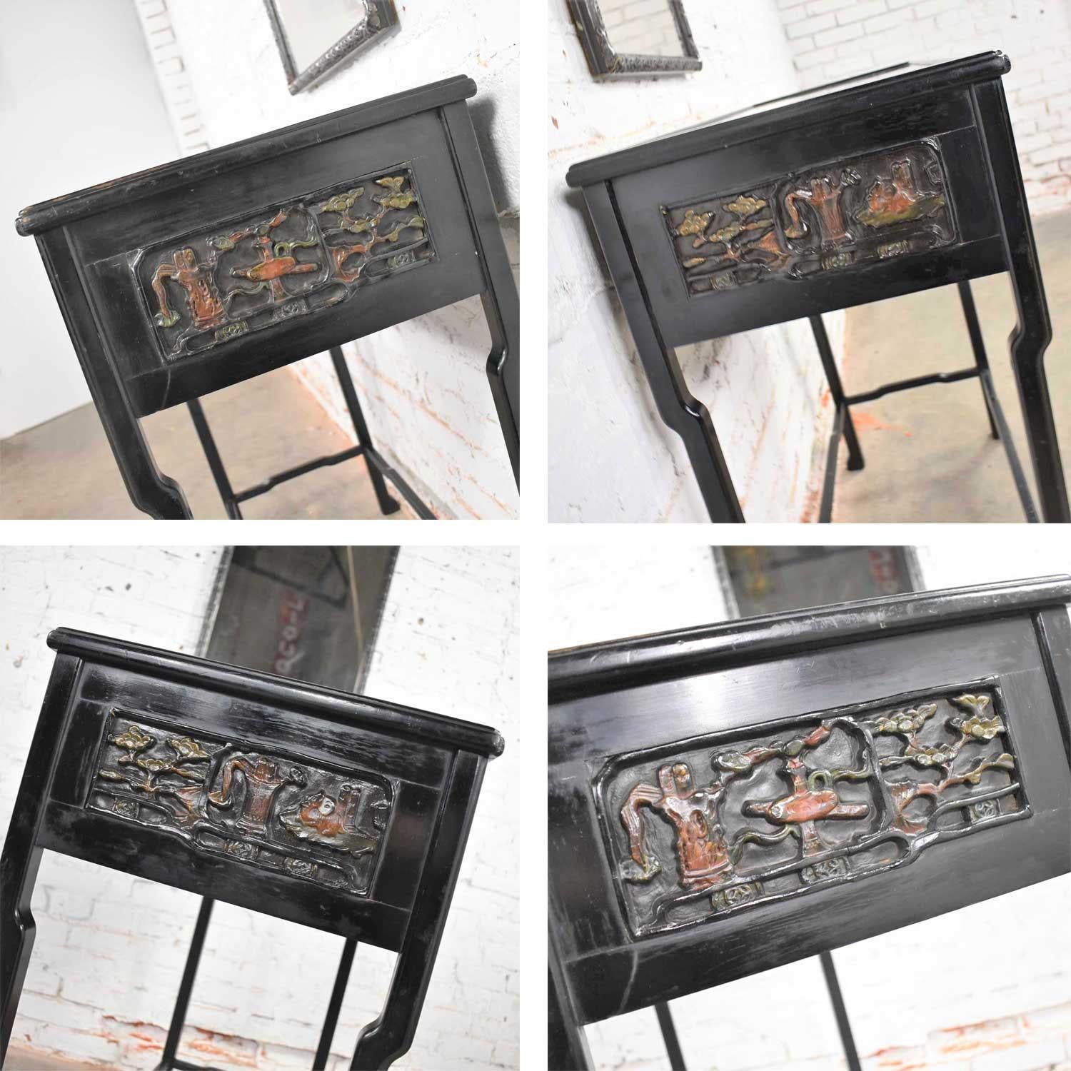 Antique Lacquered Asian Console Table & Mirror with Hand Carved Lacquer Figures For Sale 7
