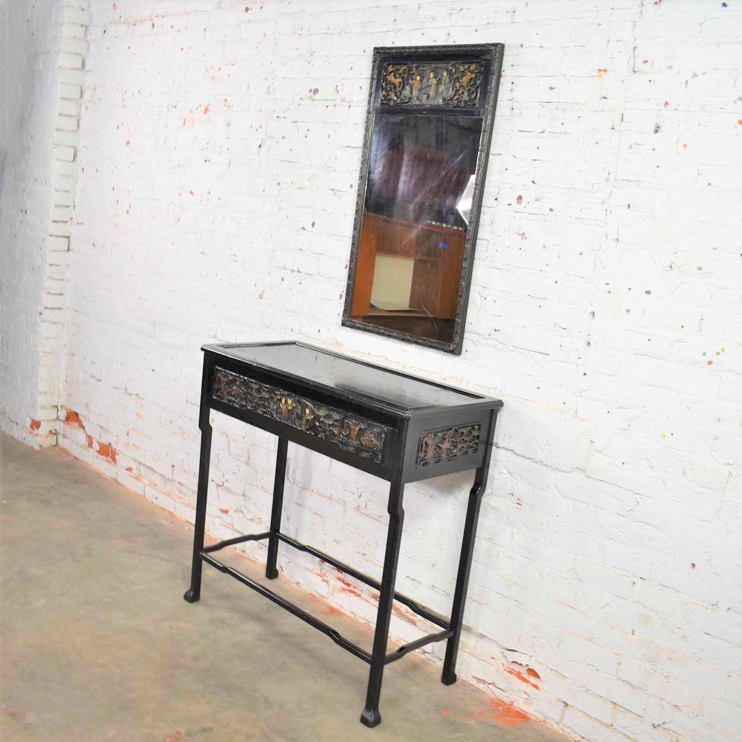 Antique Lacquered Asian Console Table & Mirror with Hand Carved Lacquer Figures In Good Condition For Sale In Topeka, KS