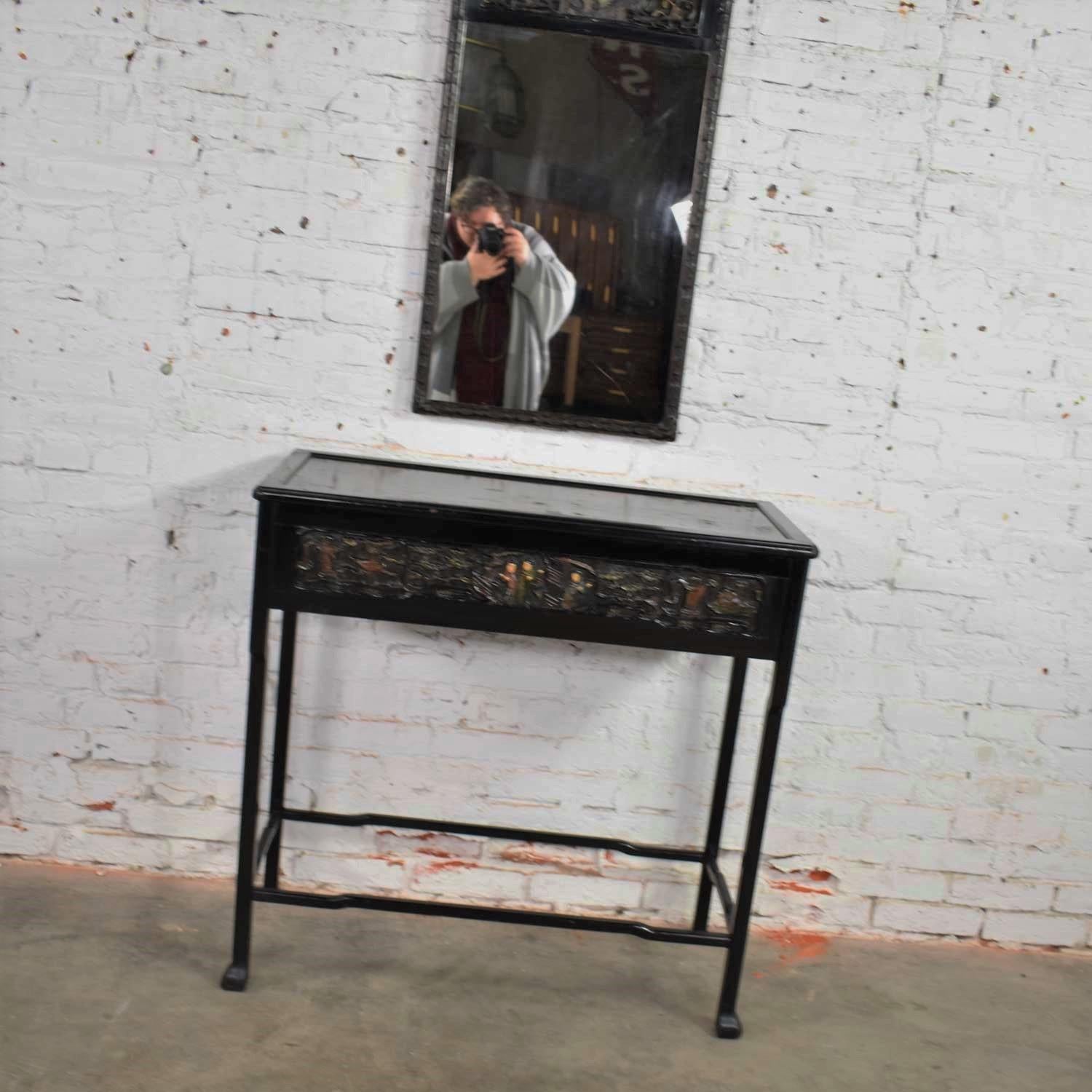 20th Century Antique Lacquered Asian Console Table & Mirror with Hand Carved Lacquer Figures For Sale