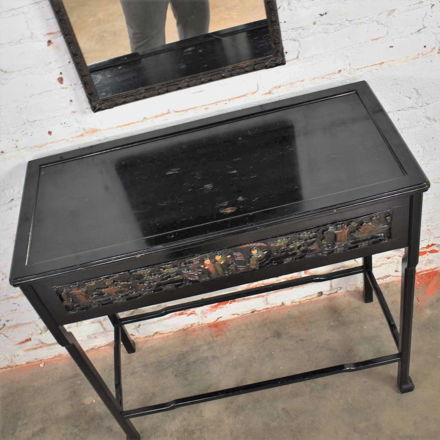Antique Lacquered Asian Console Table & Mirror with Hand Carved Lacquer Figures For Sale 2