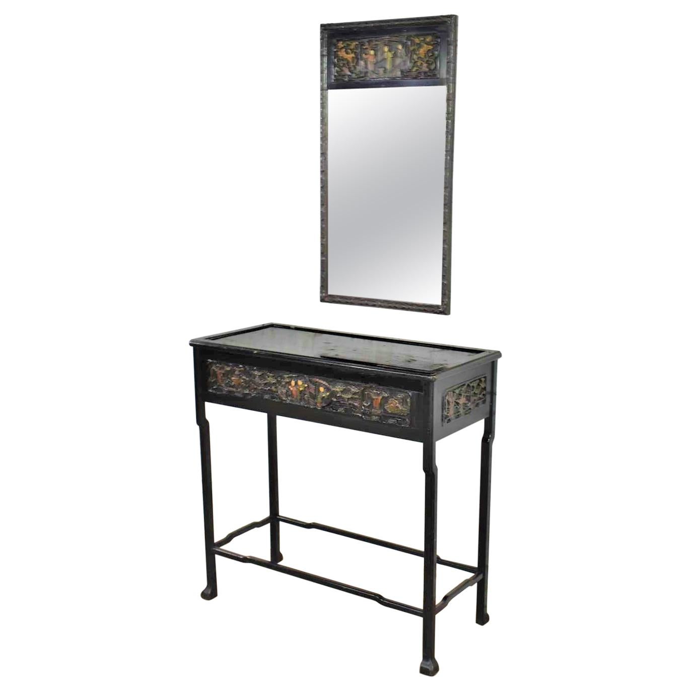 Antique Lacquered Asian Console Table & Mirror with Hand Carved Lacquer Figures For Sale