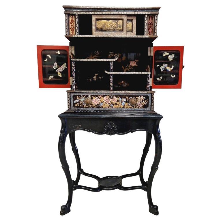 Antique Lacquered Cabinet Japan with Mother of Pearl Inlays