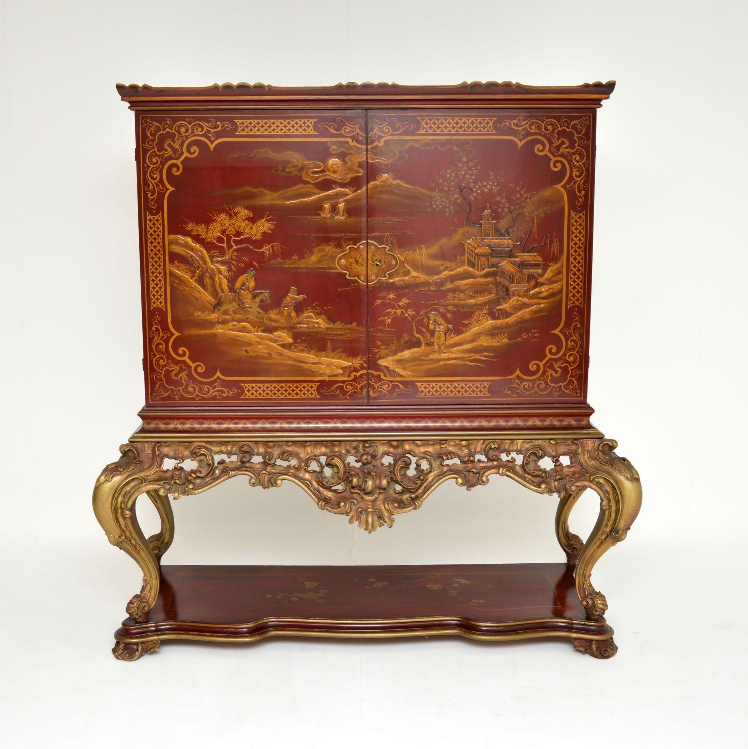 English Antique Lacquered Chinoiserie Cocktail Drinks Cabinet