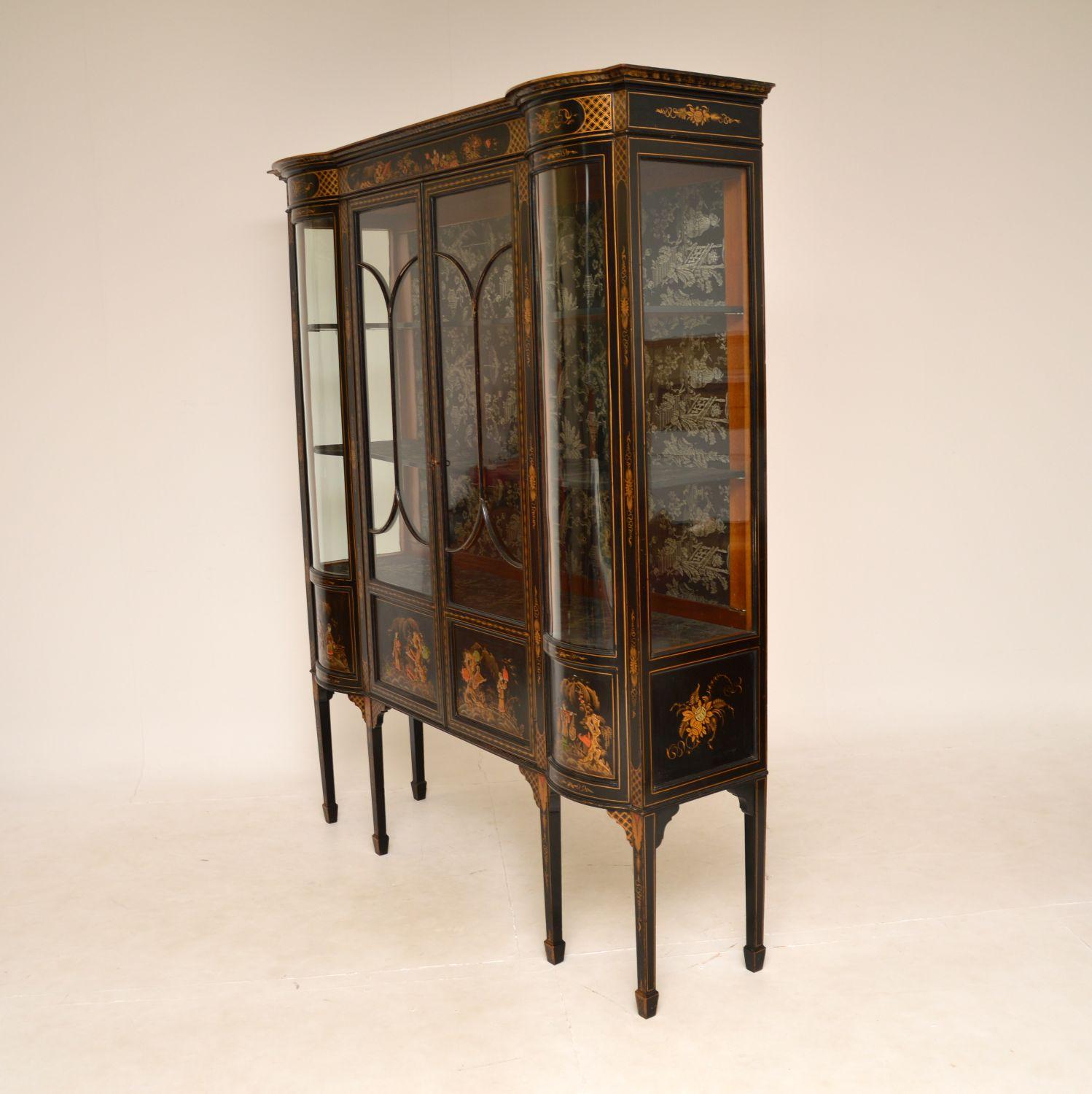 British Antique Lacquered Chinoiserie Display Cabinet