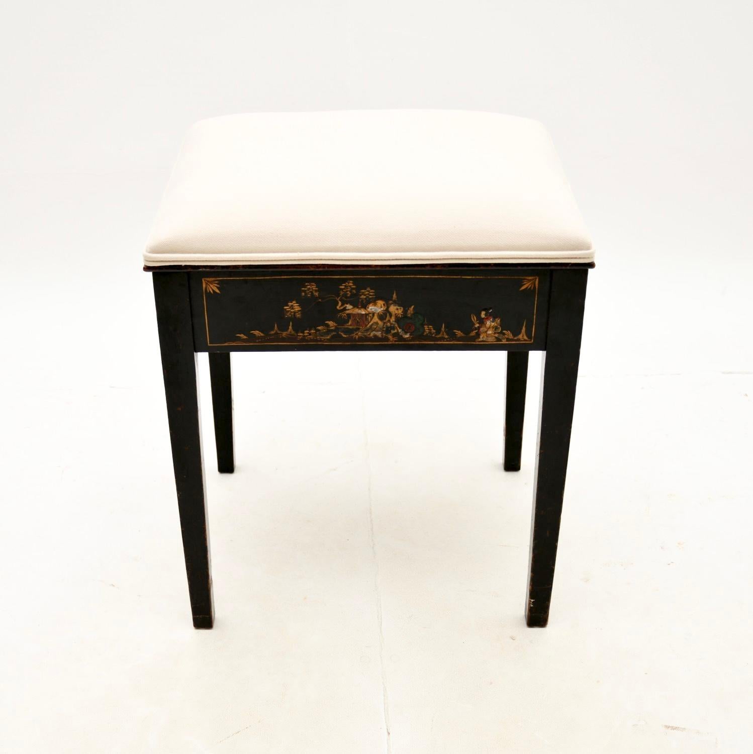 A beautiful antique lacquered chinoiserie piano stool, made in England and dating from the 1920’s.

This is of superb quality and is a great size for use as a single piano stool or as an occasional stool around the home. It has gorgeous lacquered