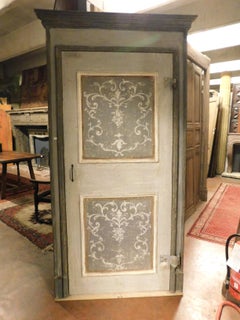 Antique Lacquered Door Grey with Decorations and Frame, 18th Century, Italy