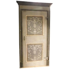 Antique Lacquered Door Grey with Decorations and Frame, 18th Century, Italy