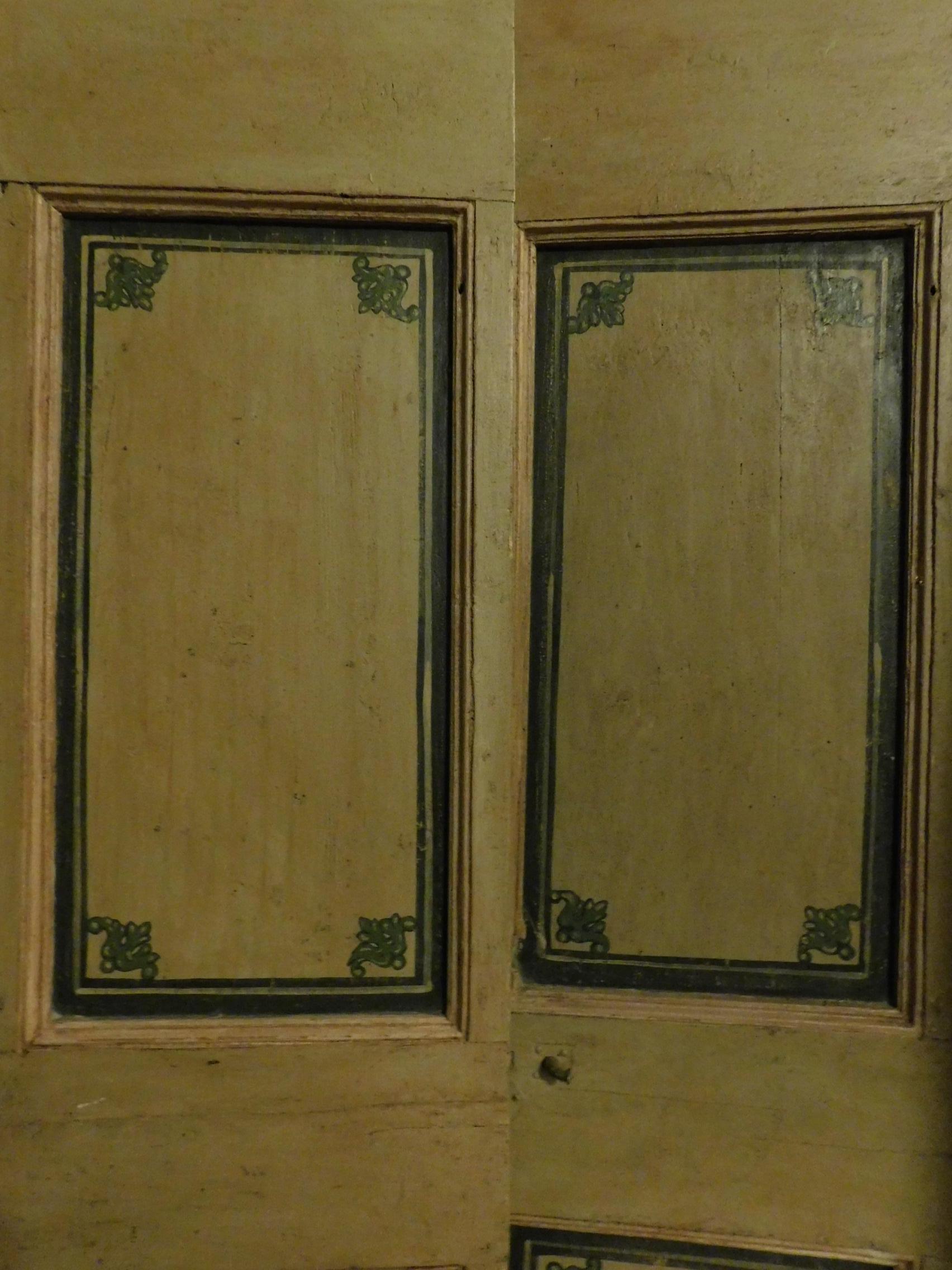 19th Century Antique Lacquered Double Door, Beige with Green Decorations, Original Irons For Sale