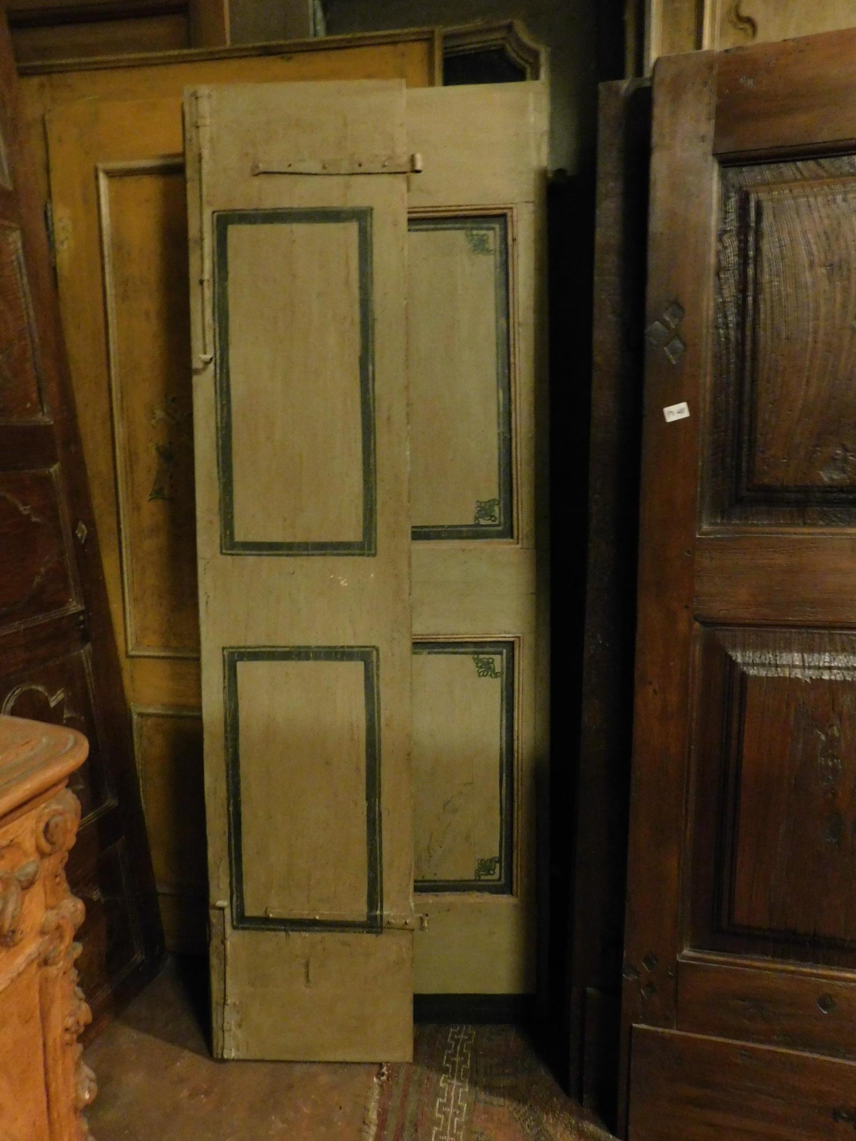 Antique Lacquered Double Door, Beige with Green Decorations, Original Irons For Sale 3