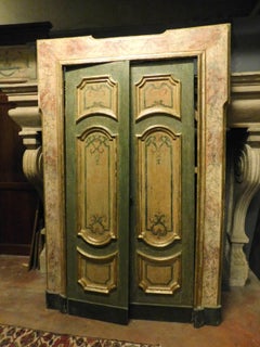 Antique Lacquered Gilded Door with Painted Panels, Complete Frame, 1700, Italy