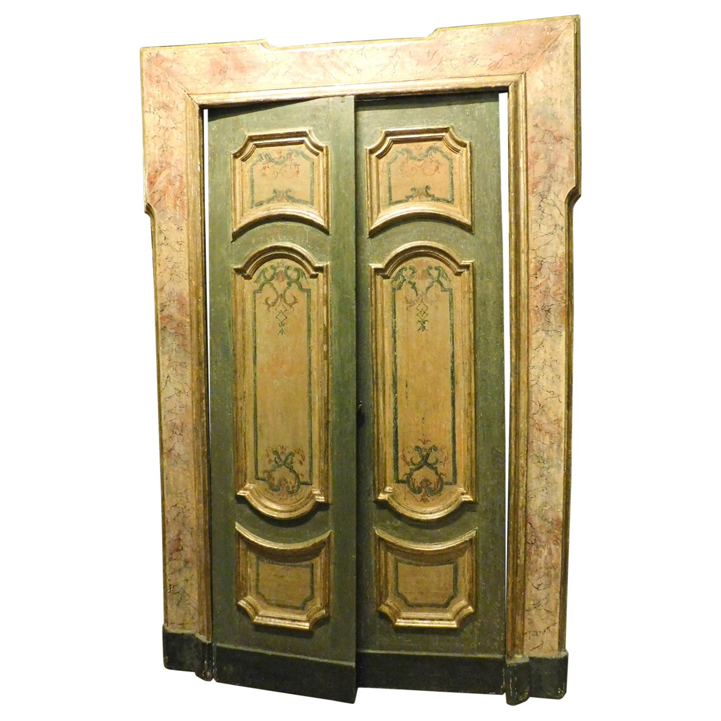 Antique Lacquered Gilded Door with Painted Panels, Complete Frame, 1700, Italy For Sale