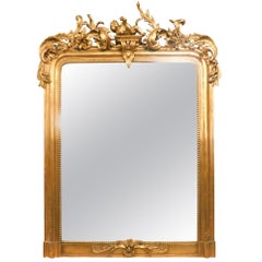 Antique Lacquered Gilded Wood Mirror, Sculptures Flowers and Cherub, '800