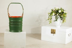 Antique Lacquered Metal Basket with Openwork Design in Green and Orange Finish
