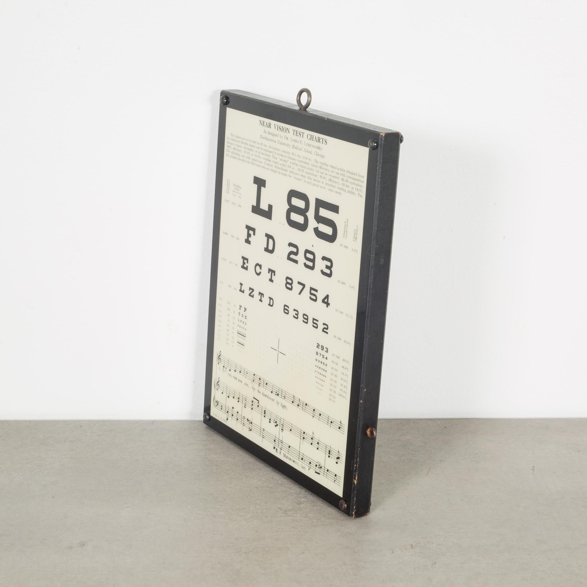 About

This is an original lacquered double sided vision test chart used by optometrist in the early 20th century. This chart has retained its original finish.

Creator E.B. Meyrowitz, inc.
Date of manufacture, circa 1935
Materials and