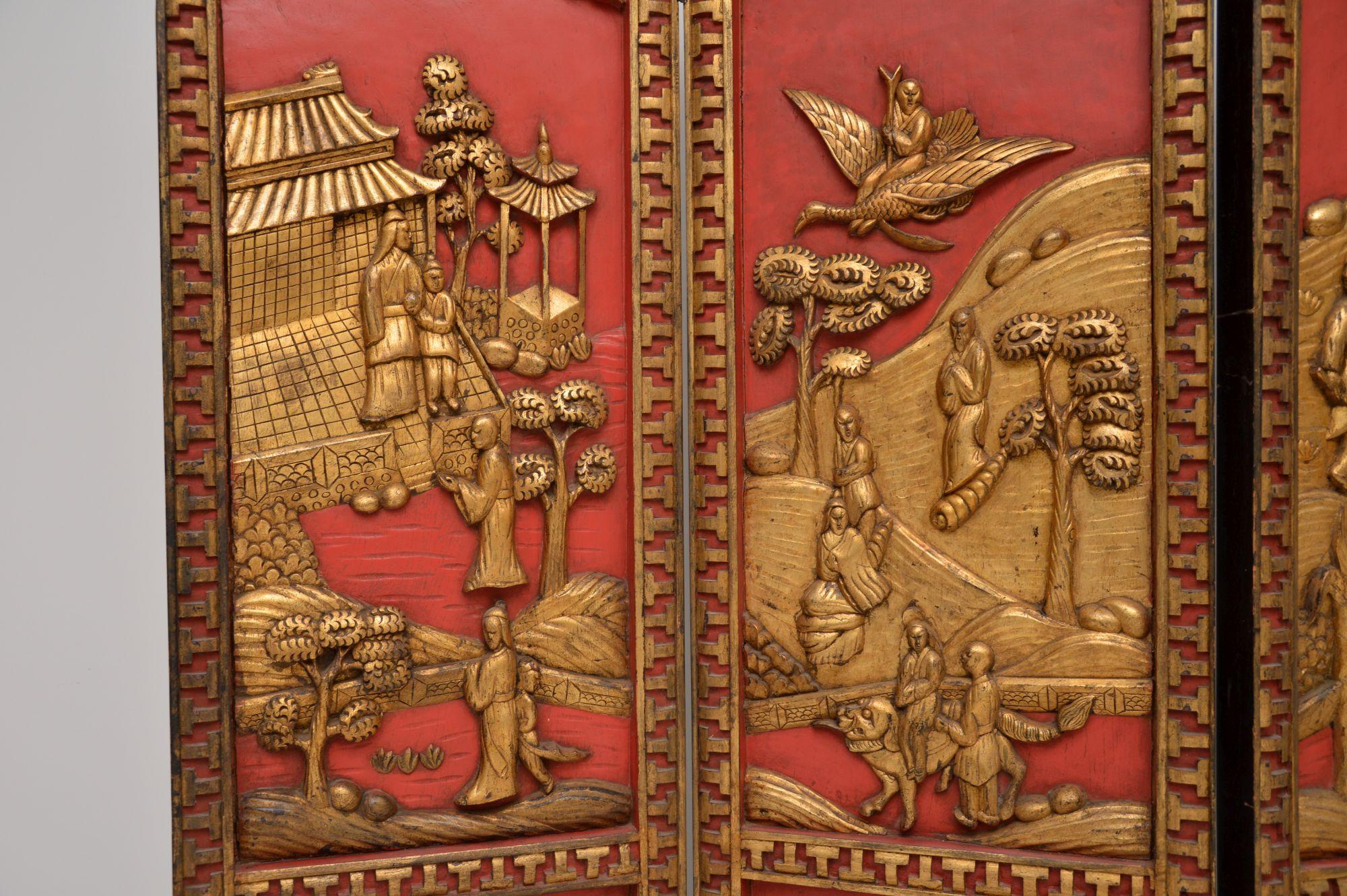 Antique Lacquered Oriental Folding Screen / Room Divider In Good Condition For Sale In London, GB