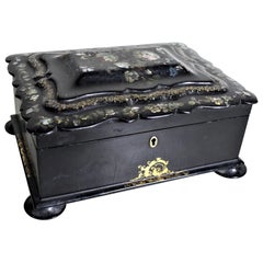 Antique Lacquered Paper Mache Sewing or Jewelry Box with Inlaid Abalone Shell