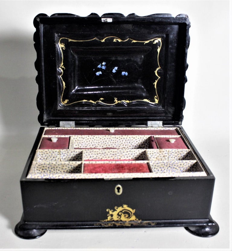 Antique Lacquered Paper Mache Sewing or Jewelry Box with Inlaid Carved ...