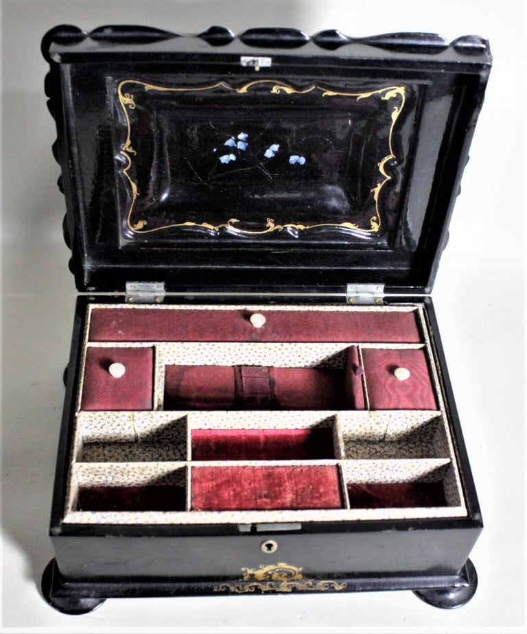 Antique Lacquered Paper Mache Sewing or Jewelry Box with Inlaid Carved ...