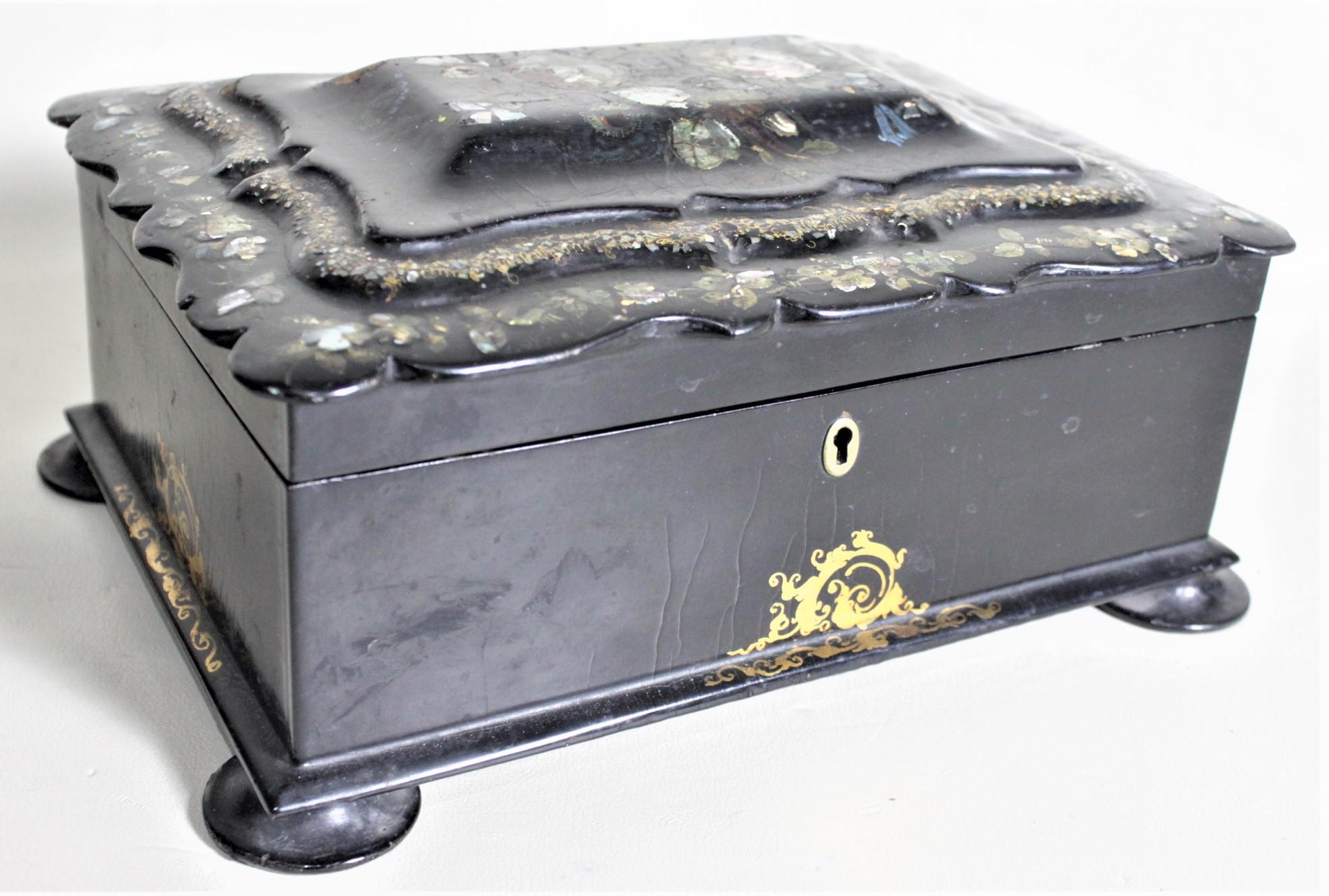 Aesthetic Movement Antique Lacquered Paper Mache Sewing or Jewelry Box with Inlaid Carved Shell For Sale