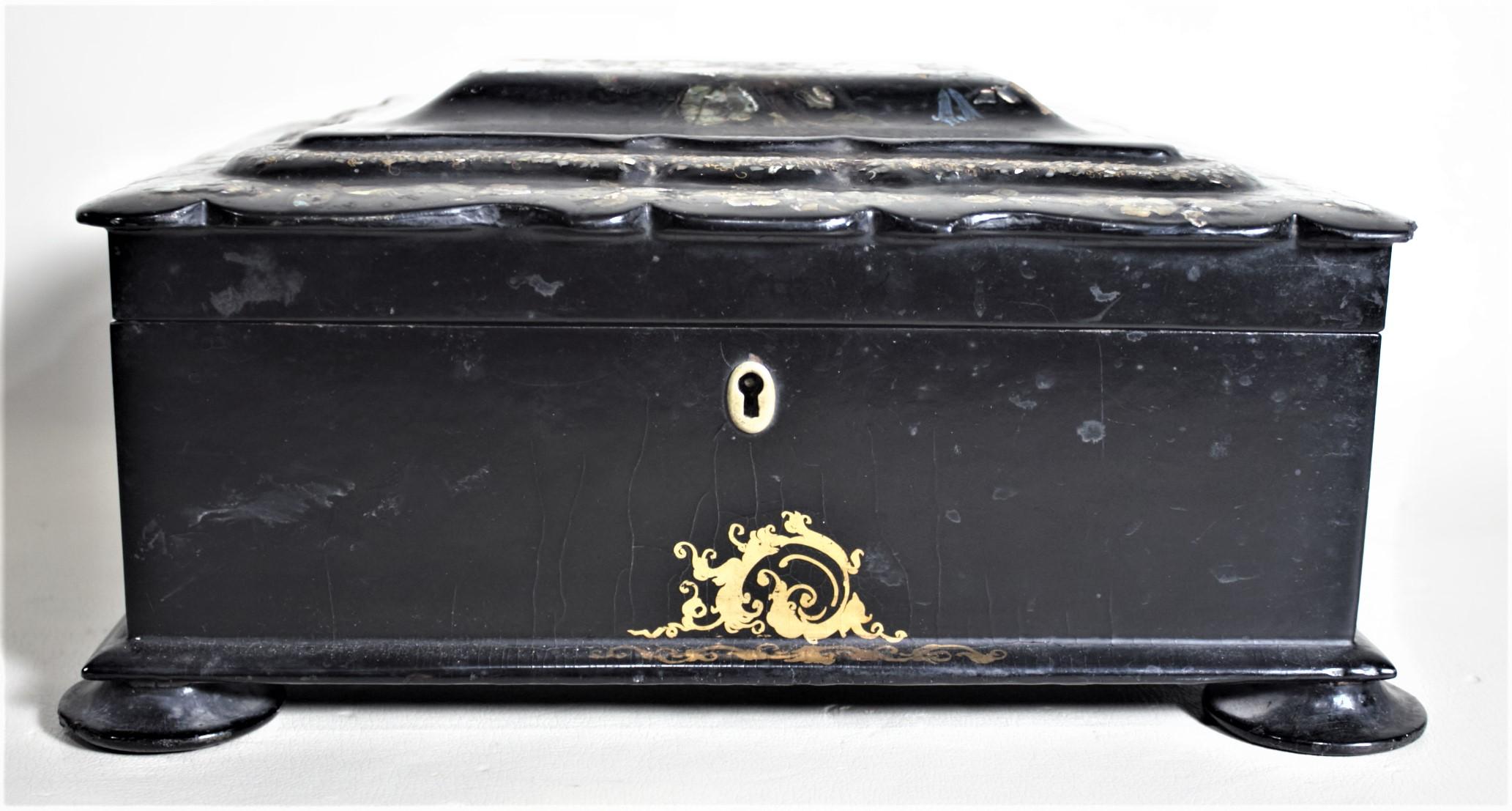 19th Century Antique Lacquered Paper Mache Sewing or Jewelry Box with Inlaid Carved Shell For Sale