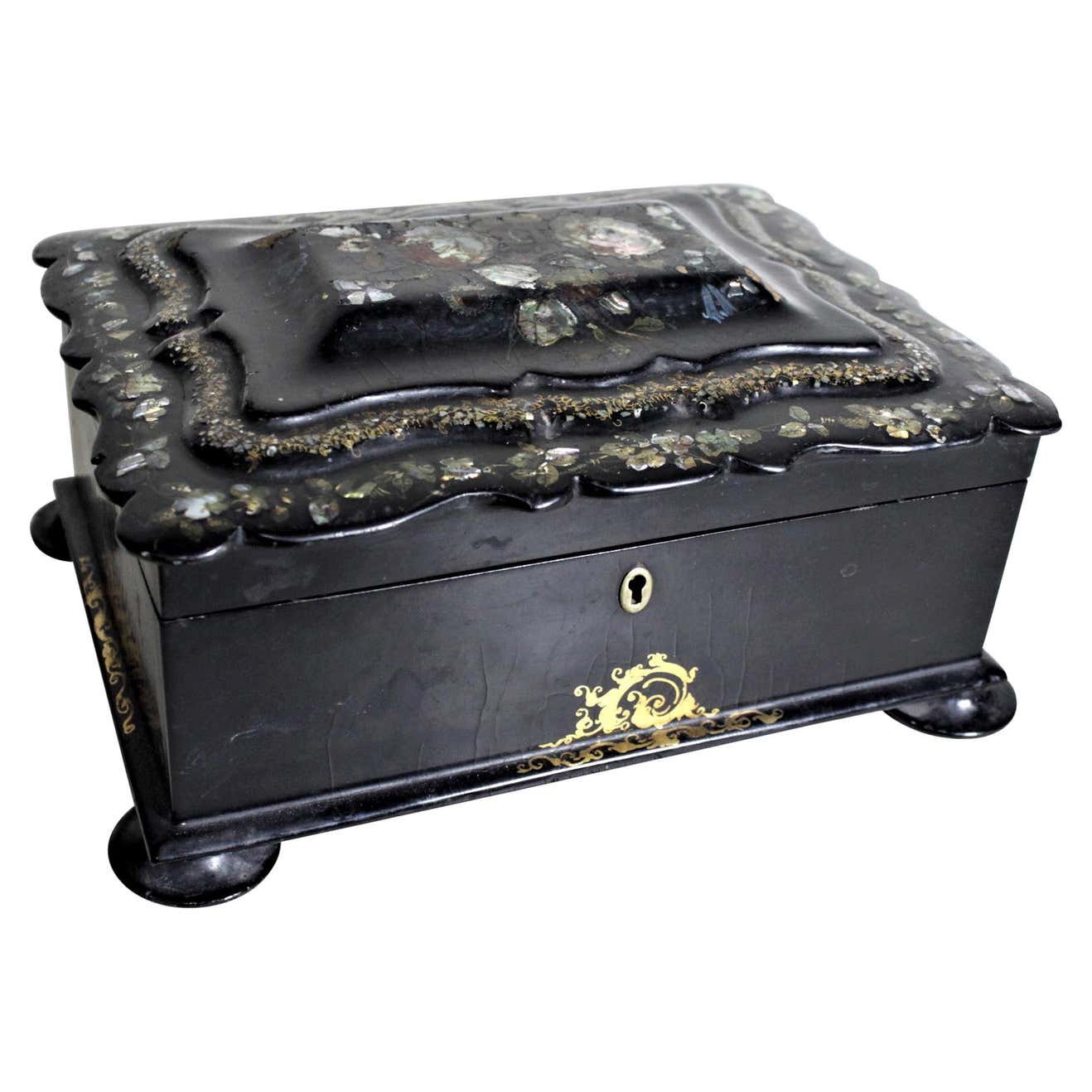 Antique Lacquered Paper Mache Sewing or Jewelry Box with Inlaid Carved ...