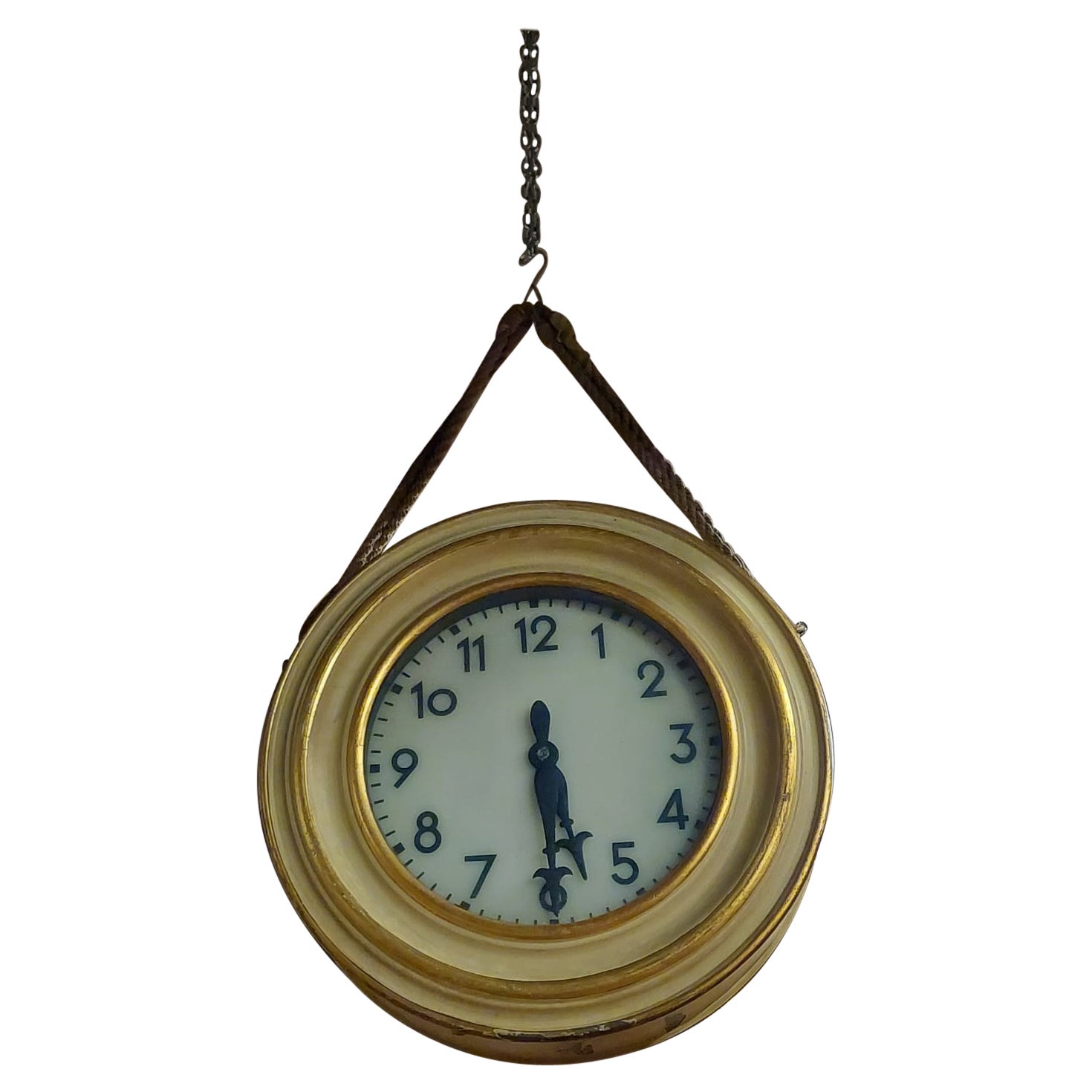Antique Lacquered Round Station Clock, Two-Faced, Gilt, 19th Century, Italy