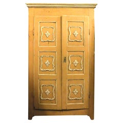 Antique Lacquered Wall Cabinet Double Doors, Yellow/White Cupboard, '800 Italy