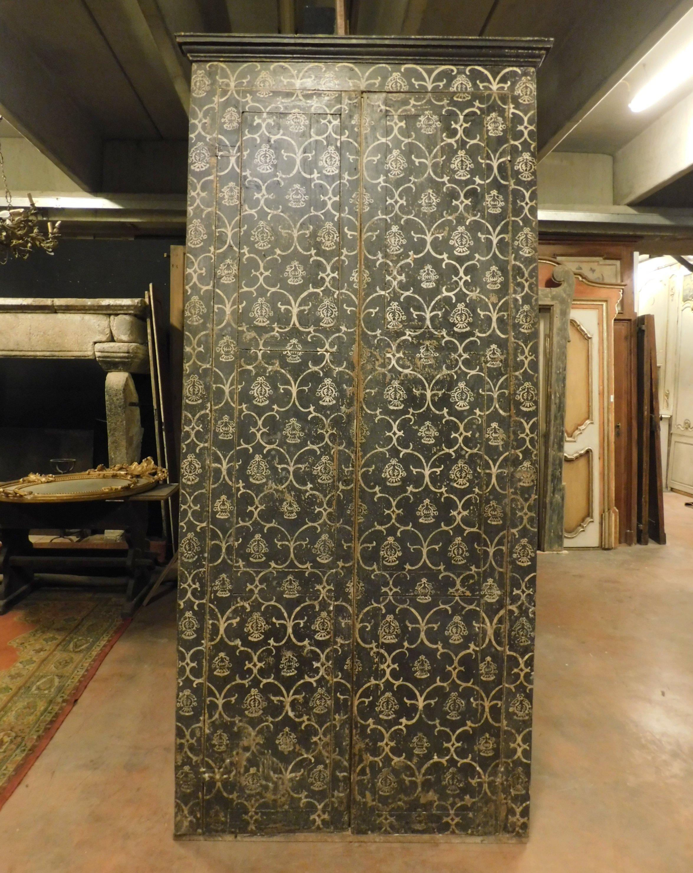 Italian Antique Lacquered Wall Placard Cabinet, Black White Weft, 1800 Florence, 'Italy'