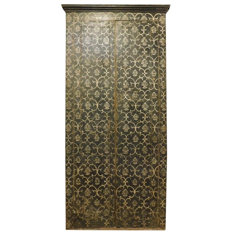 Antique Lacquered Wall Placard Cabinet, Black White Weft, 1800 Florence, 'Italy'