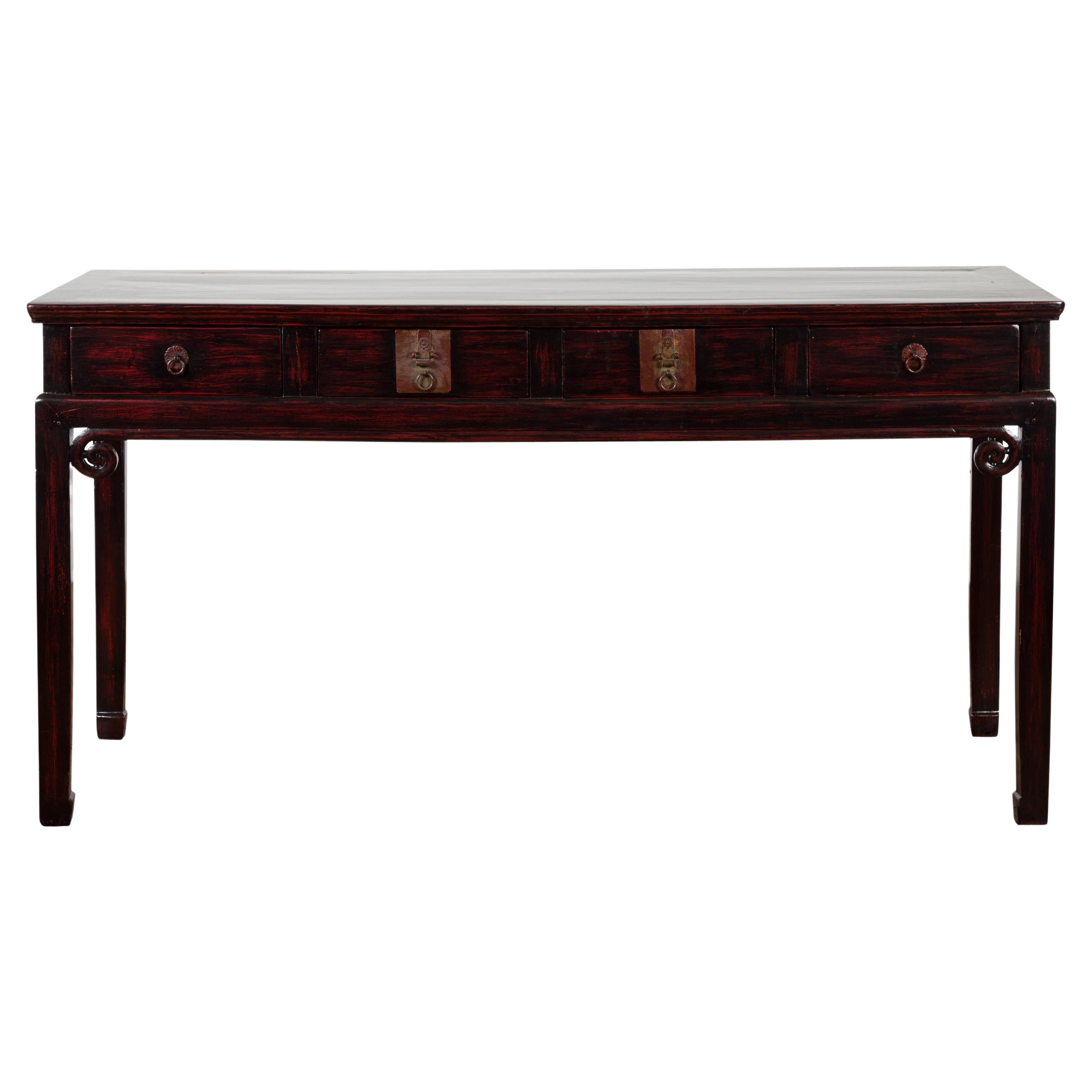 Antique Lacquered Wooden Desk with Four Drawers and Curling Scrolls