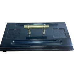 Antique lacquered wooden inkwell with matching glass inkwells