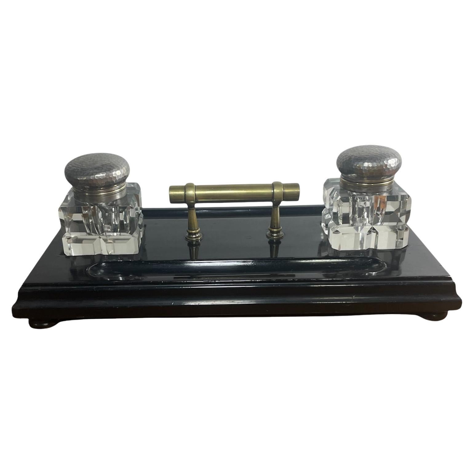 Antique lacquered wooden inkwell with matching glass inkwells