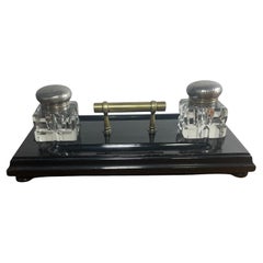 Antique lacquered wooden inkwell with matching glass inkwells