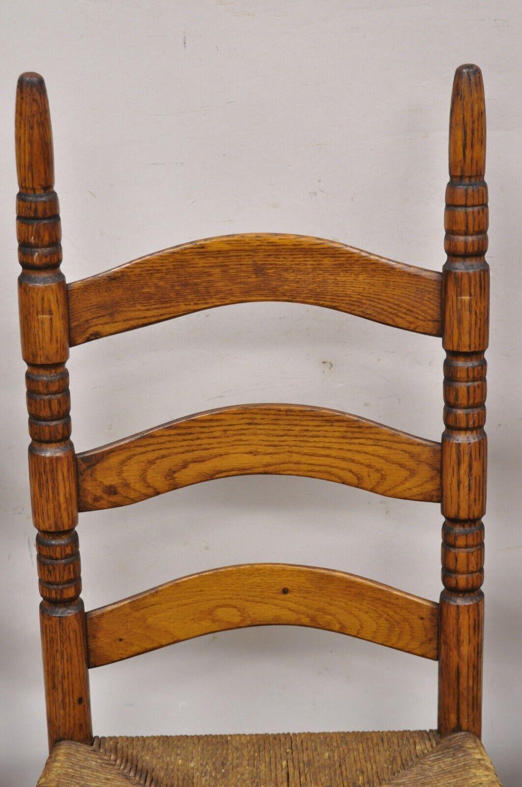 Antique Ladderback Primitive Rustic Oak Wood Rush Seat Dining Chairs - Set of 4 For Sale 5