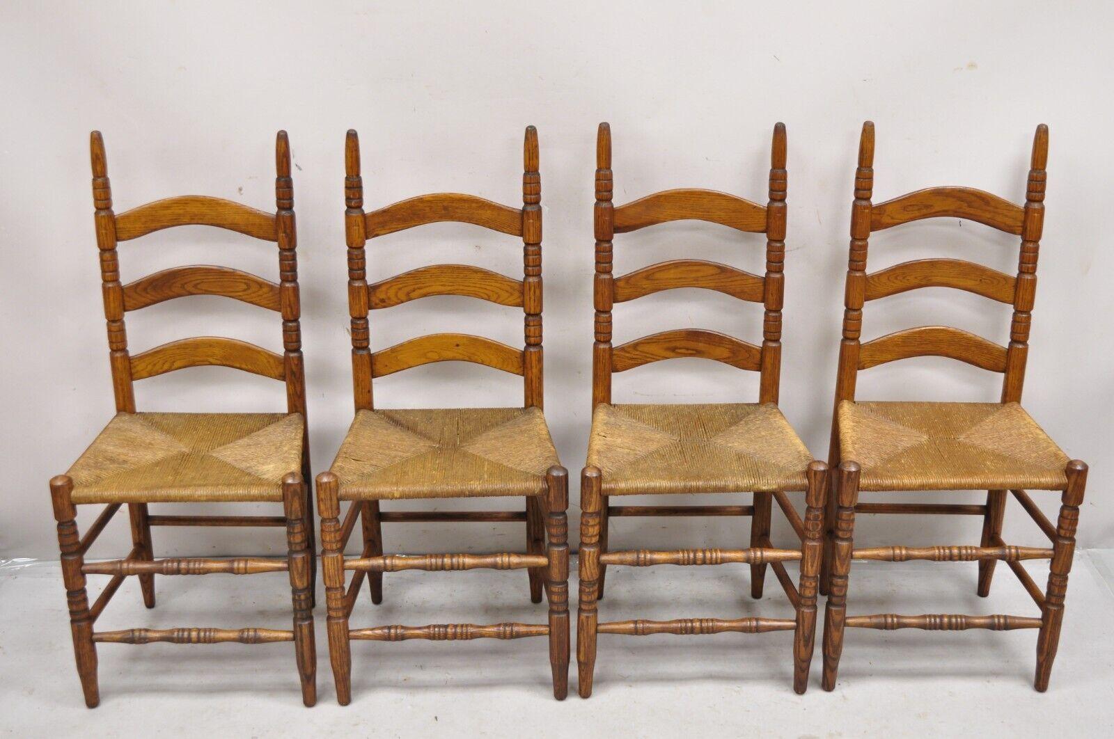 Antique Ladderback Primitive Rustic Oak Wood Rush Seat Dining Chairs - Set of 4 For Sale 6