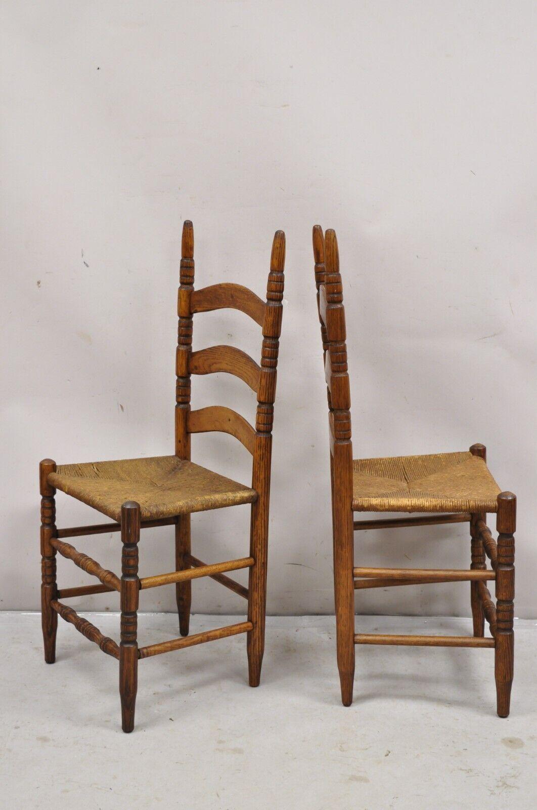 Antique Ladderback Primitive Rustic Oak Wood Rush Seat Dining Chairs - Set of 4 For Sale 4