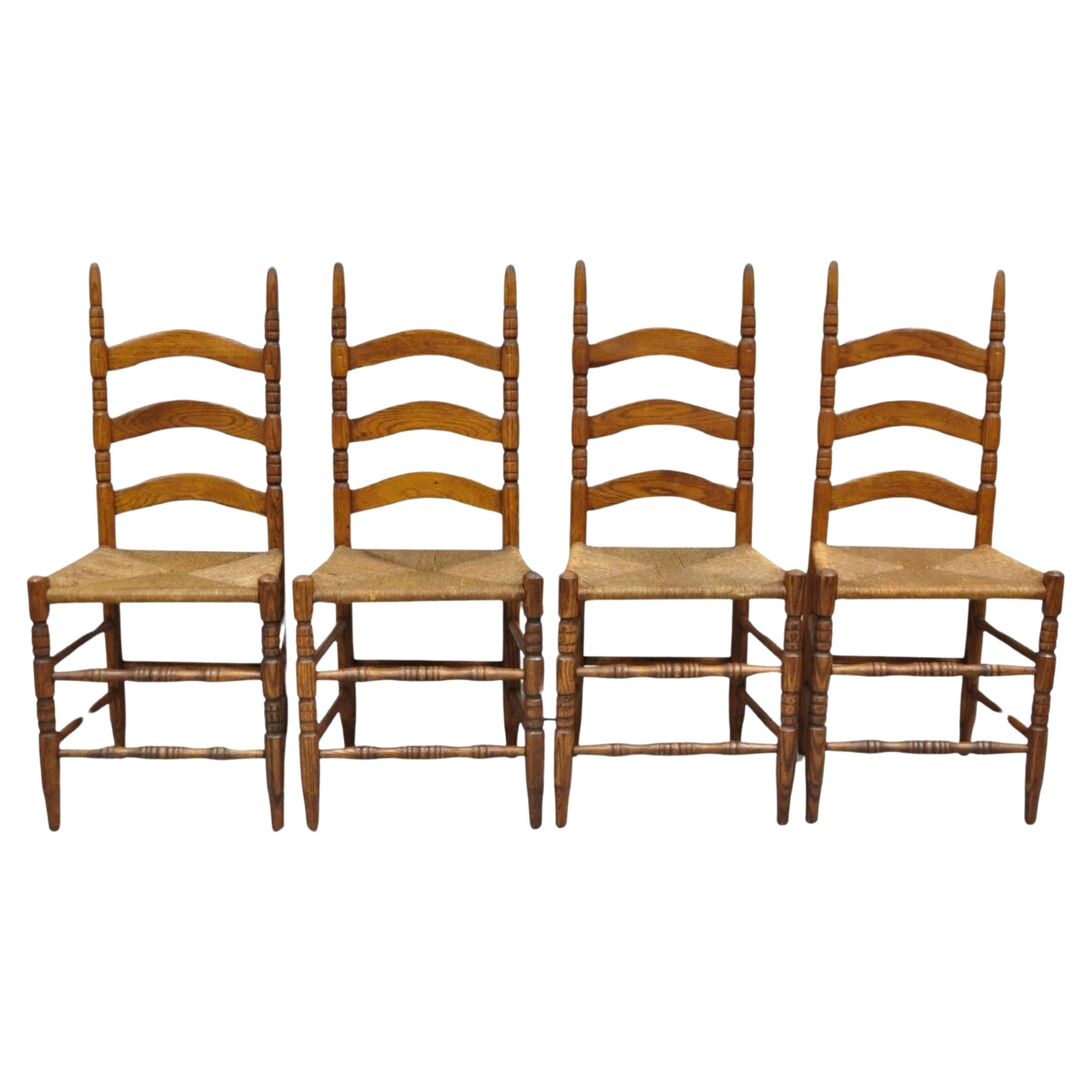 Antique Ladderback Primitive Rustic Oak Wood Rush Seat Dining Chairs - Set of 4 For Sale