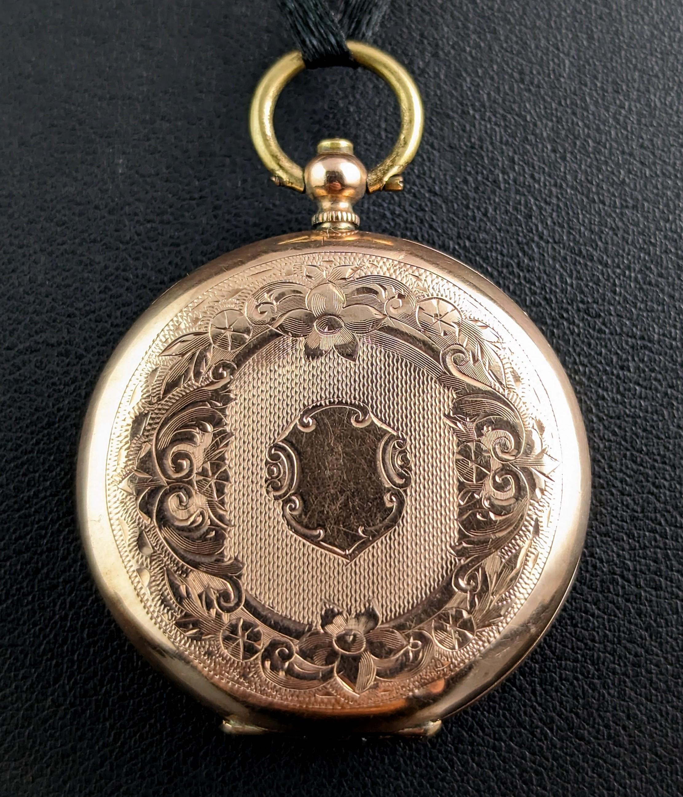 Antique Ladies 9k Gold Pocket Watch, Floral, Fob Watch For Sale 4