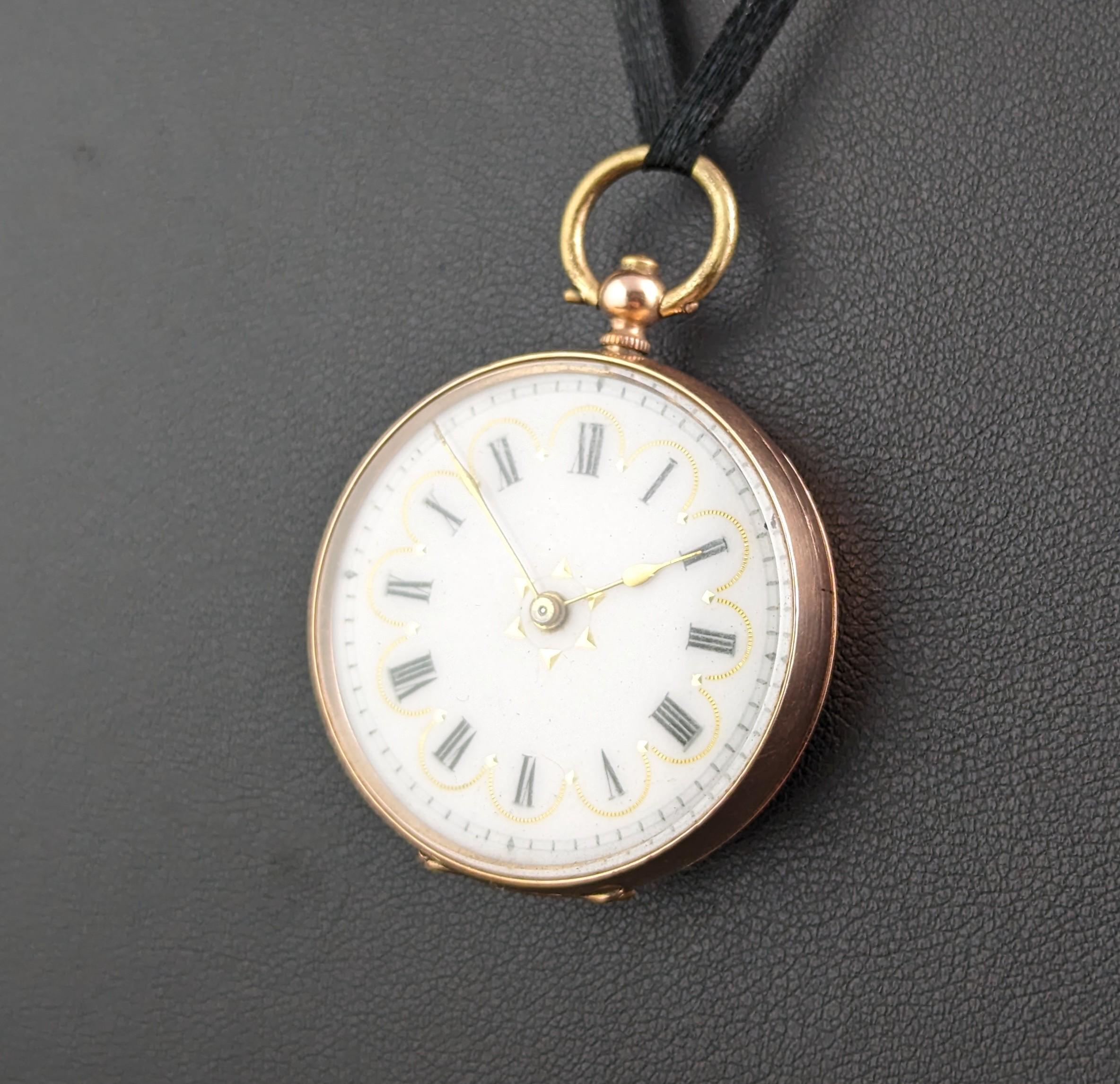 Antique Ladies 9k Gold Pocket Watch, Floral, Fob Watch For Sale 5