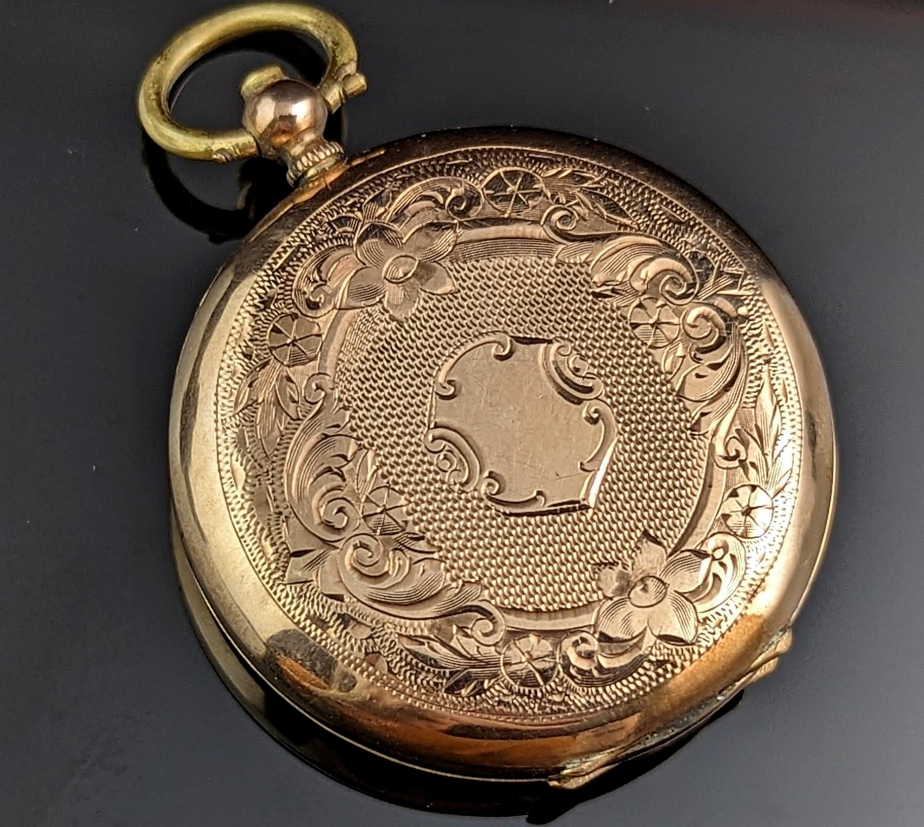 Edwardian Antique Ladies 9k Gold Pocket Watch, Floral, Fob Watch For Sale