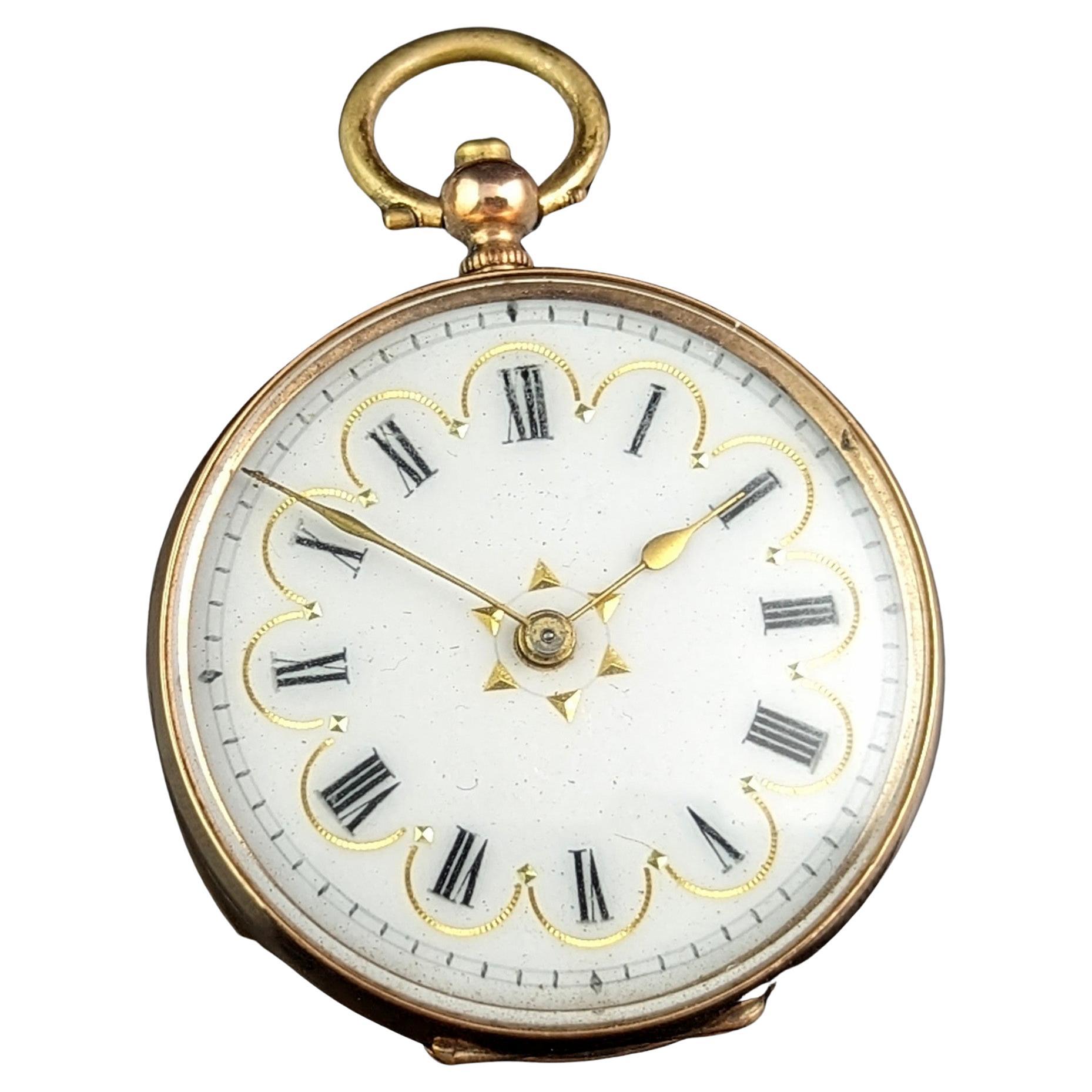 Antike Damen 9k Gold Taschenuhr, floral, Fob Uhr  im Angebot