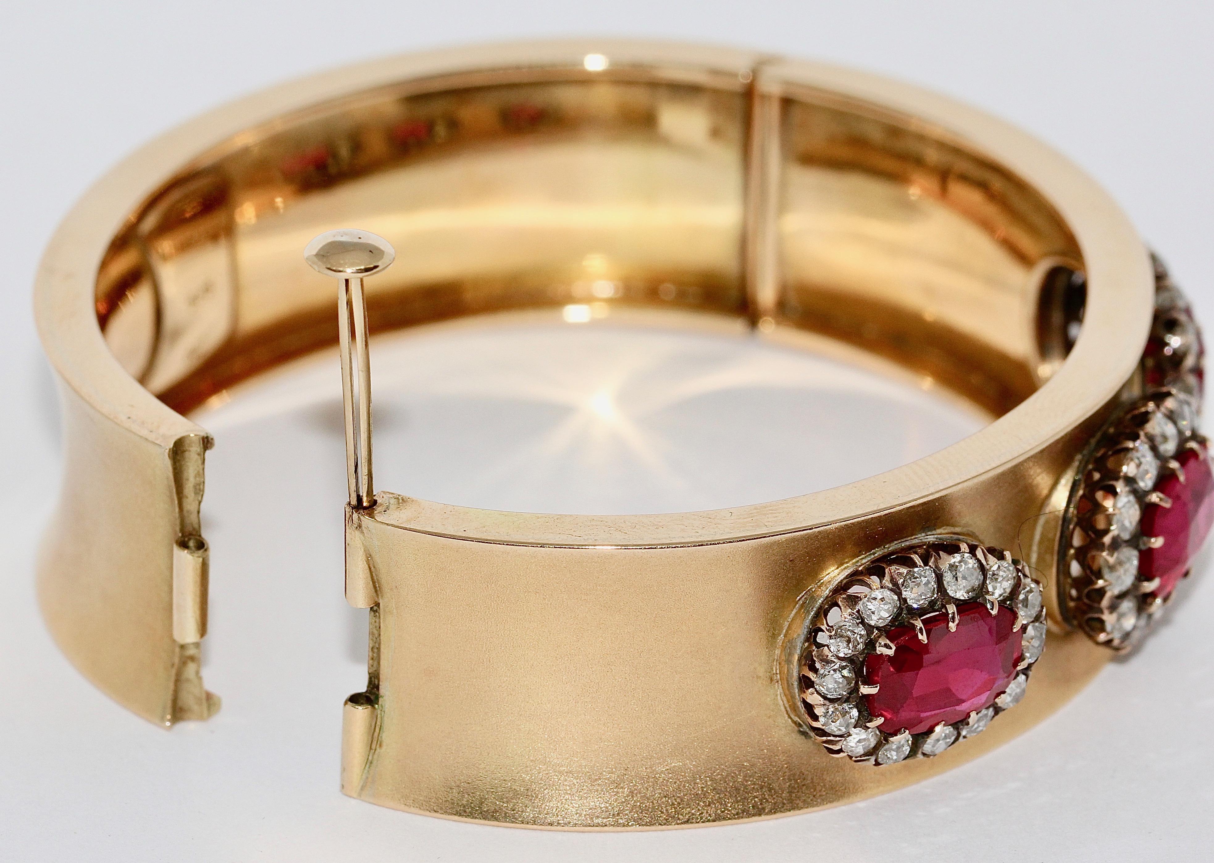 Women's Antique Ladies Bangle, Bracelet, with Big Rubies and Diamonds, 14 Karat Gold For Sale