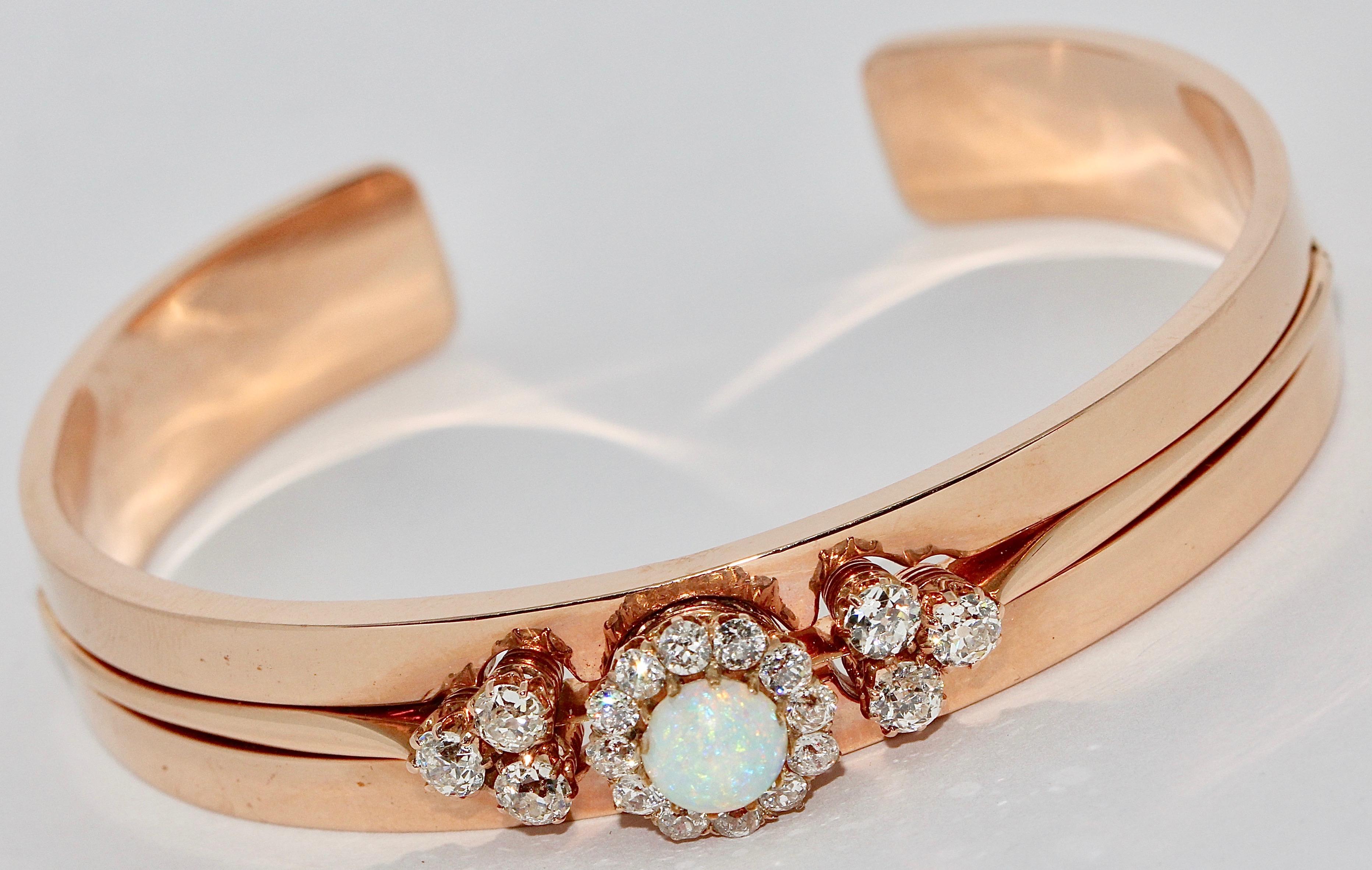 Women's Antique Ladies Bangle with Precious Opal and Diamonds, 14 Karat Rose Gold For Sale