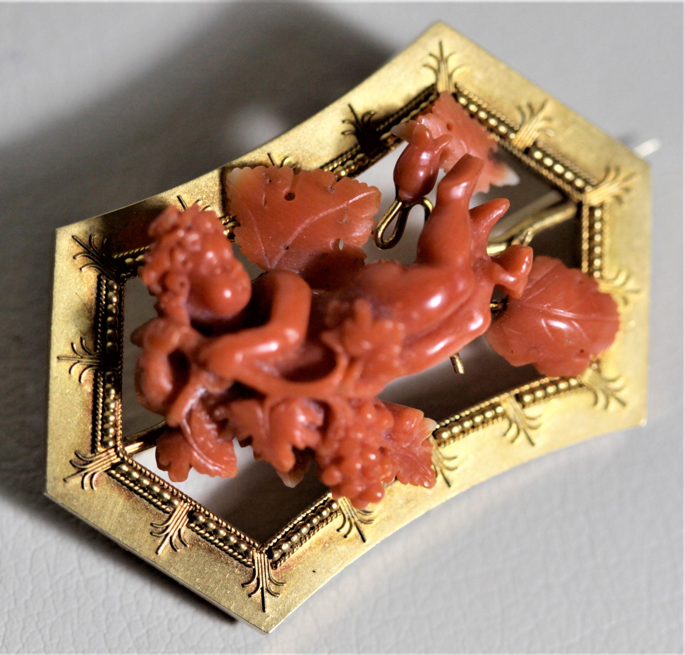 English Antique Ladies Carved Coral Cherub & 14-Karat Yellow Gold Brooch & Earrings Set For Sale