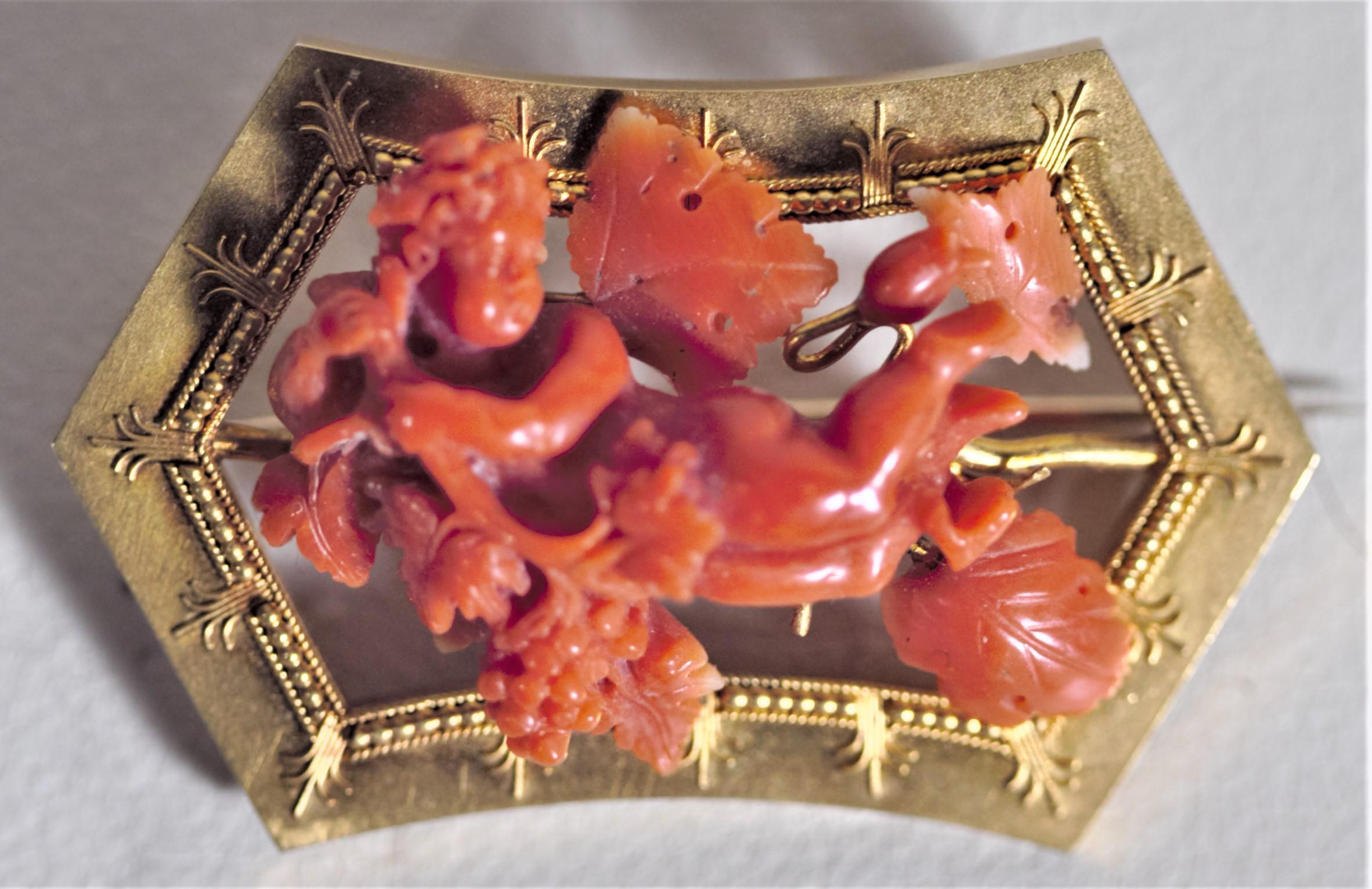 Hand-Carved Antique Ladies Carved Coral Cherub & 14-Karat Yellow Gold Brooch & Earrings Set For Sale